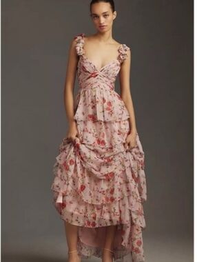 MAC DUGGAL WOMEN'S FLORAL CHIFFON RUFFLE TIERED GOWN SIZE 4